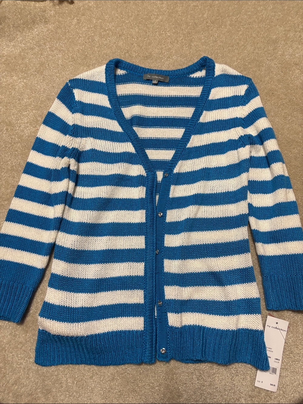 NY Collection Blue and White Striped Women’s Cardigan Sweater -